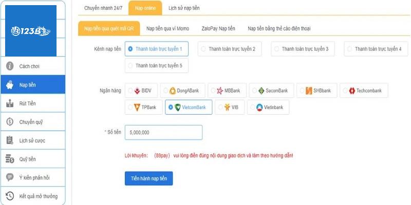 Thao tác nạp tiền 123B đơn giản dễ thực hiện 